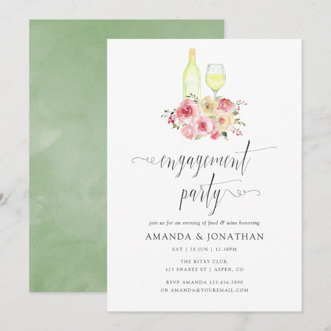 Blush & Sage Floral Engagement Party Wine Tasting Invitation (Front/Back)