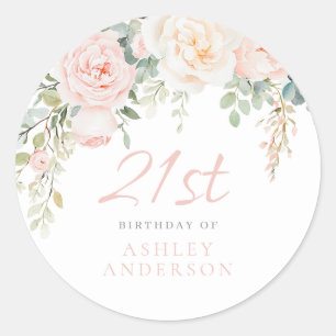 Blush & Sage Floral Girls 21st Birthday Party Classic Round Sticker