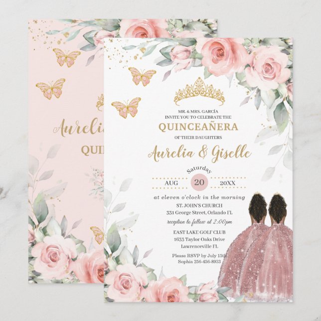 Blush Sage Floral Twins Brown Princess Quinceañera Invitation (Front/Back)
