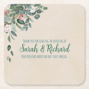 Blush Sage Floral Wedding Drink Square Paper Coaster