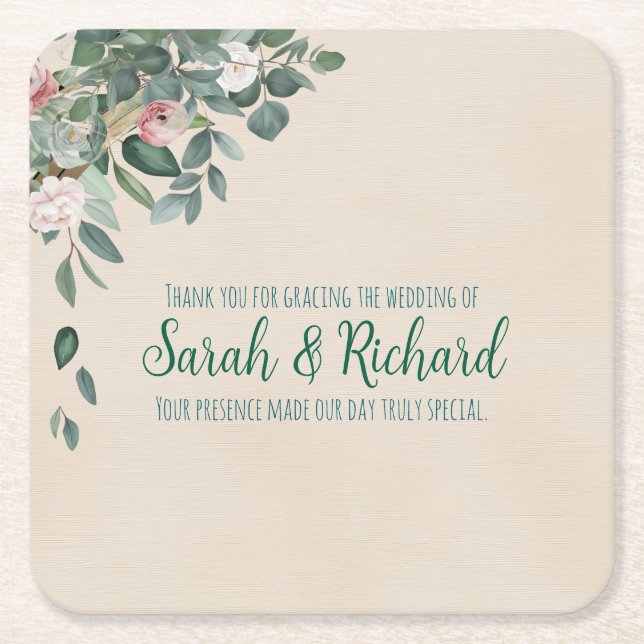 Blush Sage Floral Wedding Drink Square Paper Coaster (Front)
