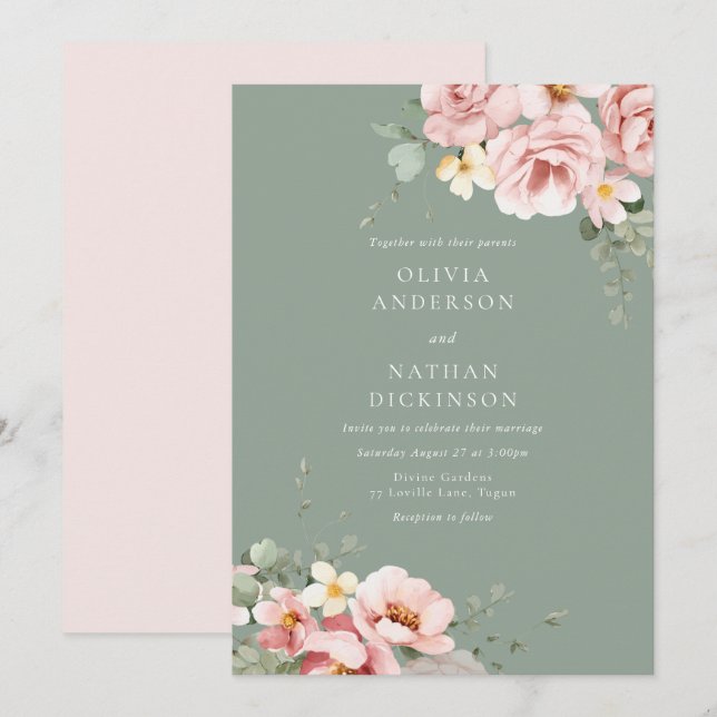 Blush & Sage Green Wedding Invitation (Front/Back)
