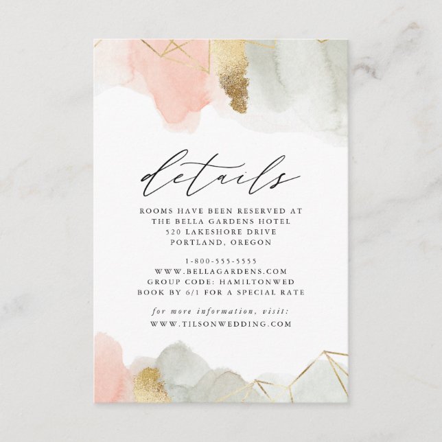 Blush & Sage Watercolor Geometric Wedding Details Enclosure Card (Front)