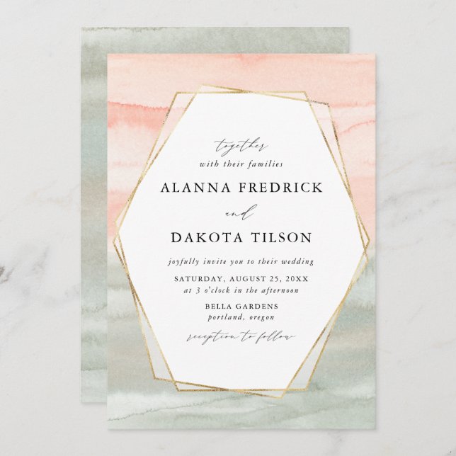 Blush & Sage Watercolor Gold Geometric Wedding Invitation (Front/Back)