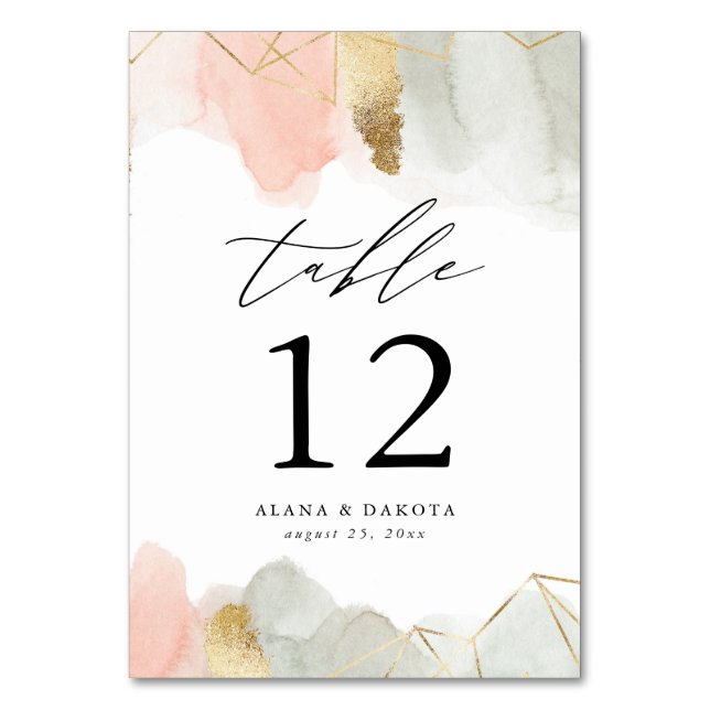 Blush & Sage Watercolor Gold Geometric Wedding Table Number (Front)