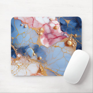 Blush & Sapphire Marble with Golden Pearls Mouse Pad