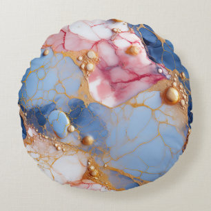 Blush & Sapphire Marble with Golden Pearls Round Pillow