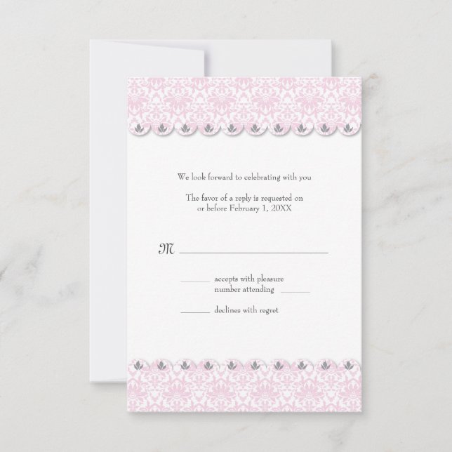 Blush Scalloped Damask Wedding Reply Card (Front)