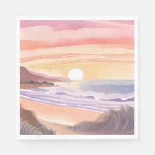 Blush Sea Sunset   Beach Watercolor Painting Napkin