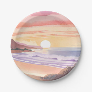 Blush Sea Sunset   Beach Watercolor Painting Paper Plate