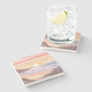 Blush Sea Sunset Beach Watercolor Painting Stone Coaster