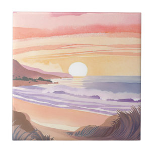 Blush Sea Sunset Beach Watercolor Painting Tile
