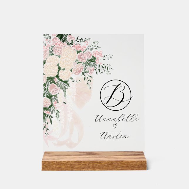 Blush Sheer Bow Rose Bouquet-Monogrammé (Recto)