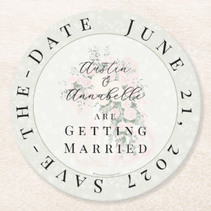 Blush Sheer Bow Rose Wisteria Save-the-Date Ro Round Paper Coaster