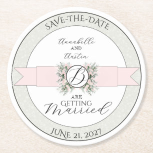 Blush Sheer Ribbon Rose Wisteria Save the Date Round Paper Coaster