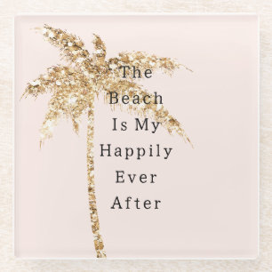Blush Shell Glam Gold Glitter Palm Tree Glass Coaster