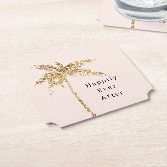 Blush Shell Glam Gold Glitter Palm Tree Paper Coaster (Angled)