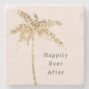 Blush Shell Glam Gold Glitter Palm Tree Stone Coaster