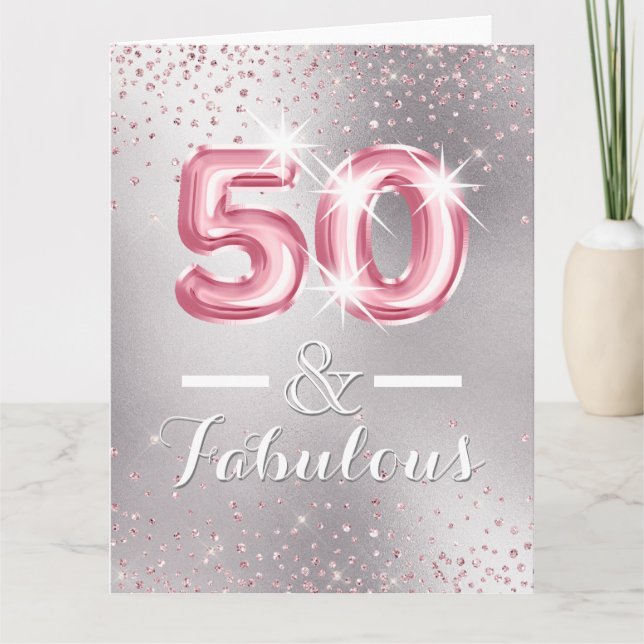 Blush silver 50th glitter shimmer foil letters  card (Front)