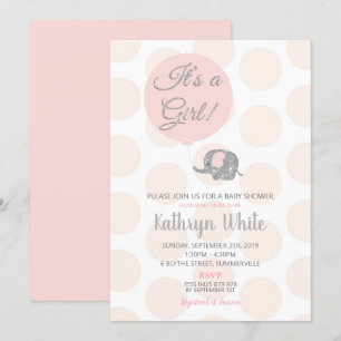 Blush Silver Elephant Baby shower Invitation fille