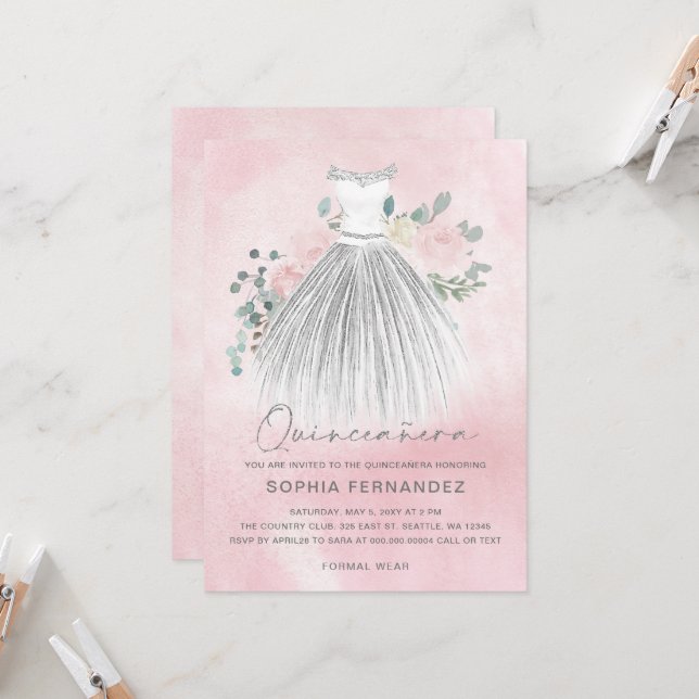 Blush Silver glitter Floral Dress Quinceañera Invitation (Front/Back In Situ)