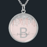 Blush Silver glitter monogram name Sterling Silver Necklace<br><div class="desc">Girly, trendy and monogrammed. A feminine blush pink background decorated with rose gold and faux silver glitter drips. Personalize and add a name and monogram letter. Grey and rose gold coloured letters. The name is written with a modern hand lettered style script with swashes. To keep the swashes only delete...</div>