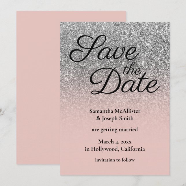 Blush Silver Ombre Glitter Save the Date Invitation (Front/Back)