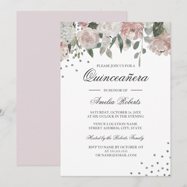 Blush Silver Watercolor Floral Quinceanera Invitation (Front/Back)