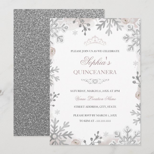 Blush Silver Winter Wonderland Quinceanera Invitation (Front/Back)