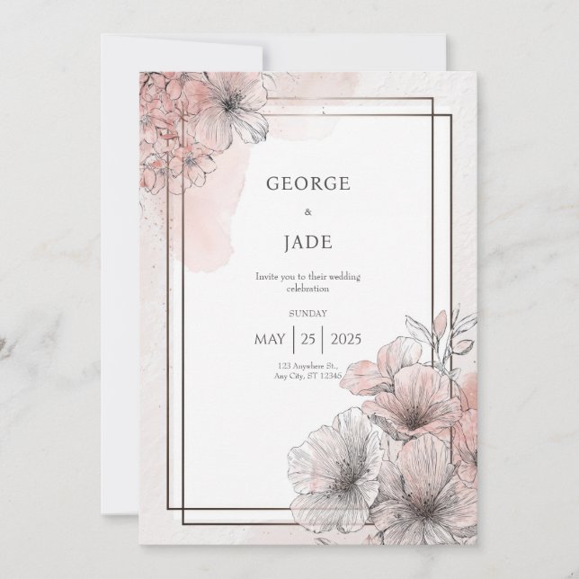 Blush Sketch Floral Romantic Wedding Invitation (Front)