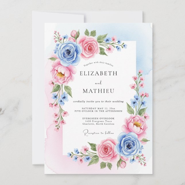 Blush Sky Blue Blissful Botanical Wedding Invitation (Front)