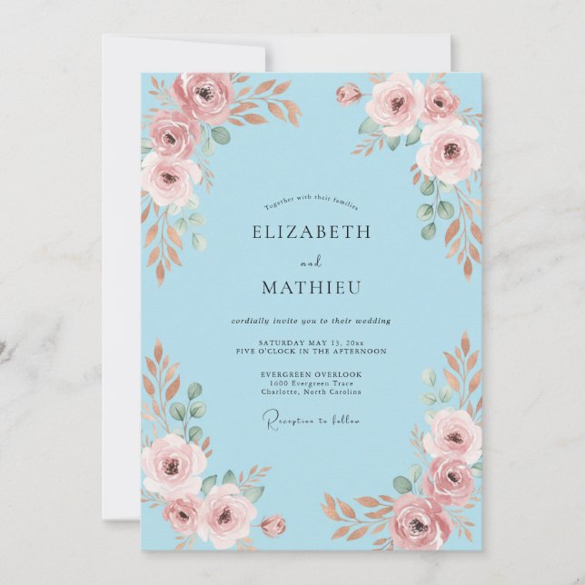 Blush Sky Blue Petal Wedding Invitation (Front)