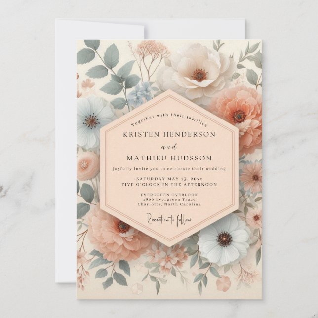 Blush & Slate Antique Floral Wedding Invitation (Front)