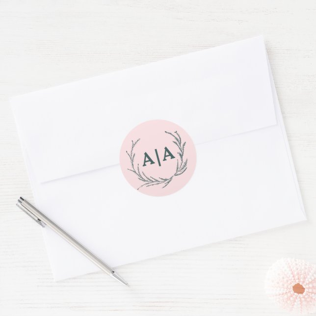 Blush & Slate Grey Subtle Floral Monogram Classic Round Sticker (Envelope)