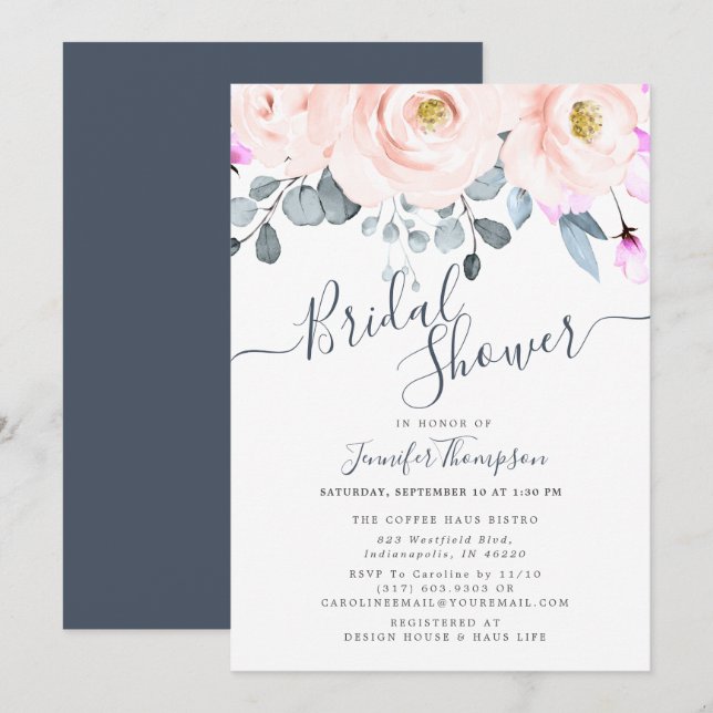 Blush & Smoky Navy Watercolor Floral Bridal Shower Invitation (Front/Back)