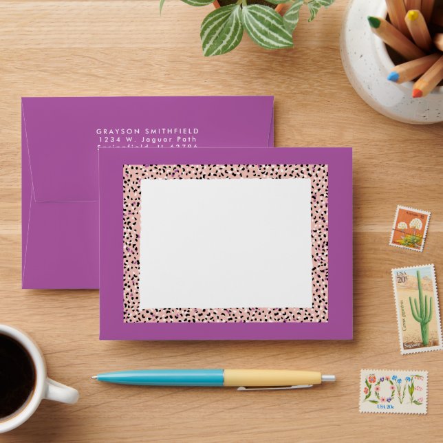 Blush Snow Leopard Print Personal Stationery Card Envelope (Desk)