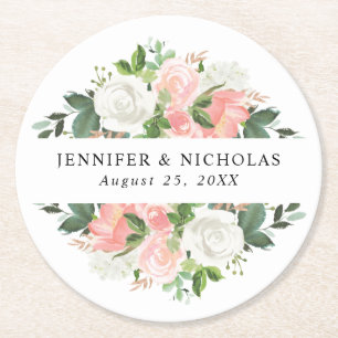 Blush Spring Floral   Personalized Wedding Round Paper Coaster