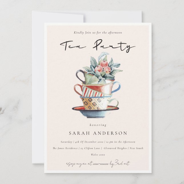 Blush Stacked Cups Afternoon Tea Party Invite (Front)