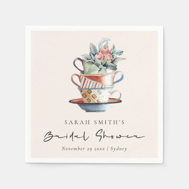 Blush Stacked Cups Floral Bridal Shower Tea Party Napkin (Front)
