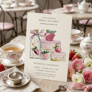 Blush Strawberry Tea Party QR Code Bridal Shower Invitation