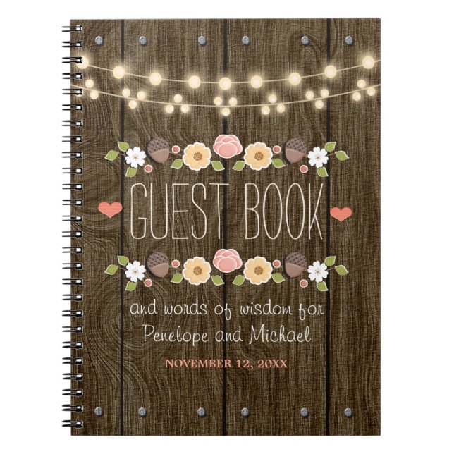 Blush String of Lights Rustic Fall Wedding Guest Notebook (Front)