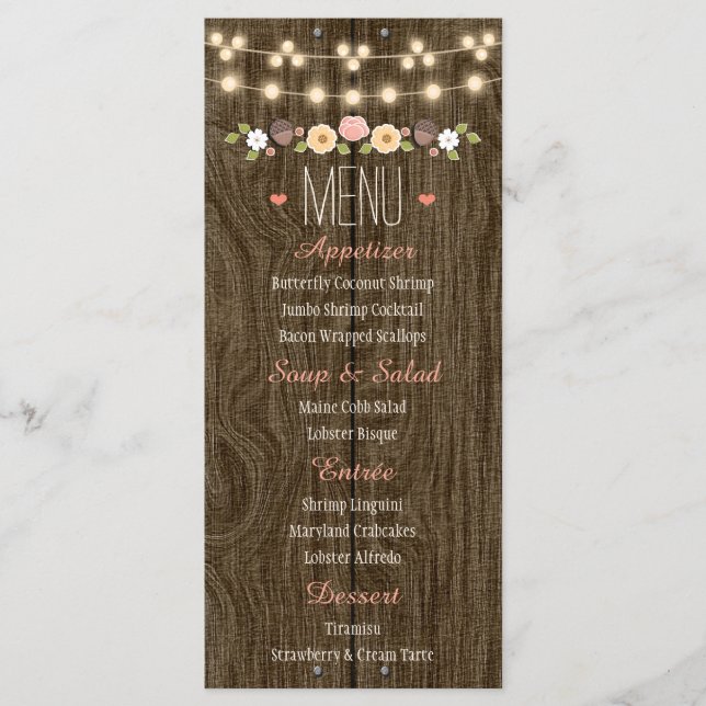 Blush String of Lights Rustic Fall Wedding Menu (Front)