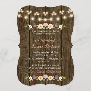 Blush String of Lights Rustic Sweet 16 Invitation