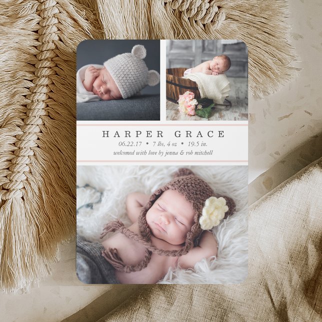 Blush Stripe | Photo Collage Birth Announcement (Creator Uploaded)