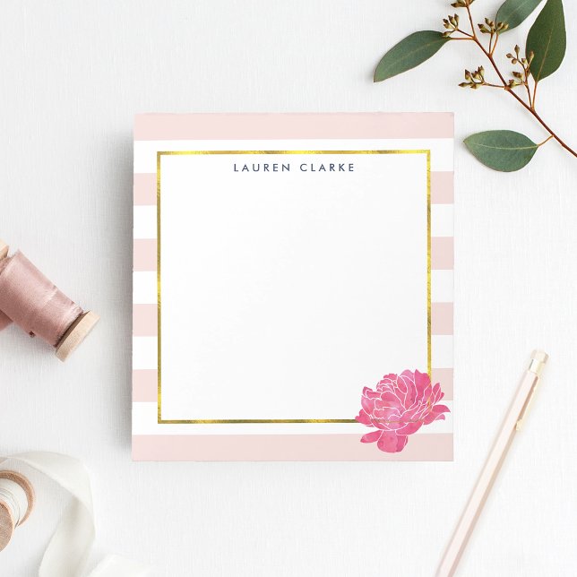 Blush Stripe & Pink Peony Personalized Notepad (Creator Uploaded)