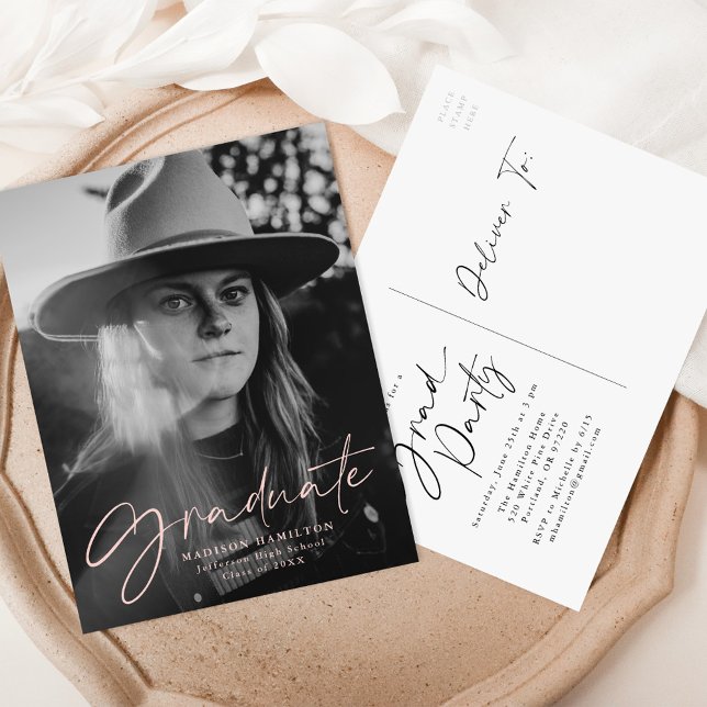 Blush Stylish Script Photo Graduation Party Invitation Postcard (Creator Uploaded)