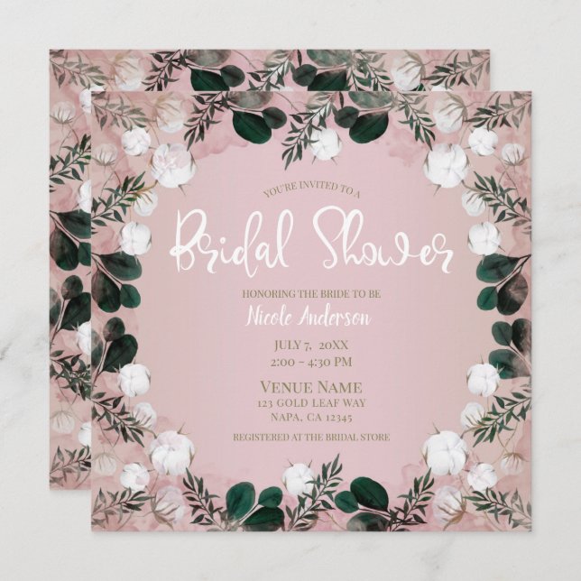 Blush Taupe Cotton Floral Greenery Bridal Shower Invitation (Front/Back)