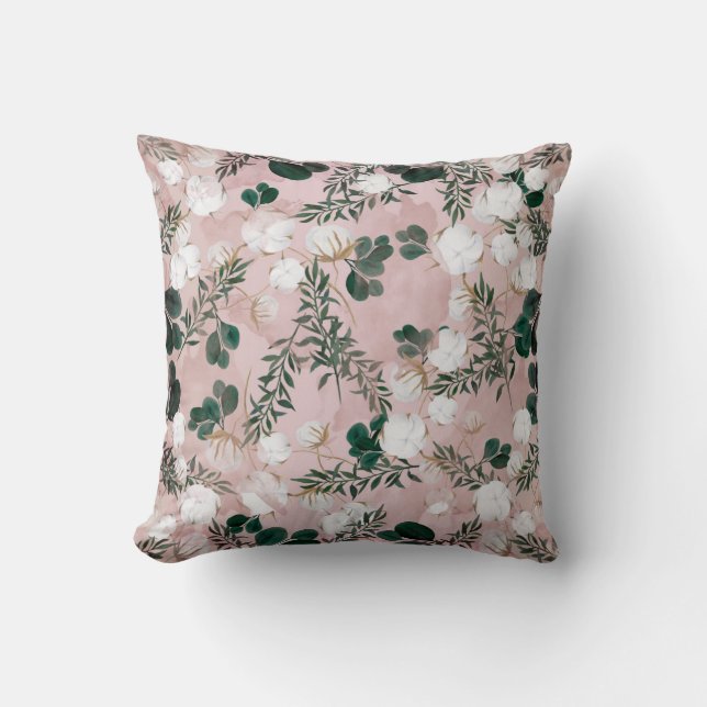 Blush Taupe Cotton Floral Greenery Rustic Shabby Throw Pillow (Front)