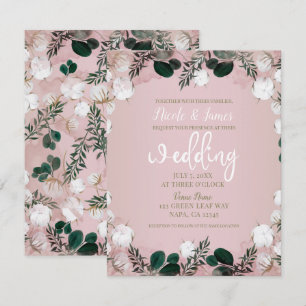 Blush Taupe Cotton Floral Greenery Rustic Wedding Invitation