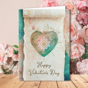 Blush Teal Baroque Sacred Heart Happy Valentines  Card
